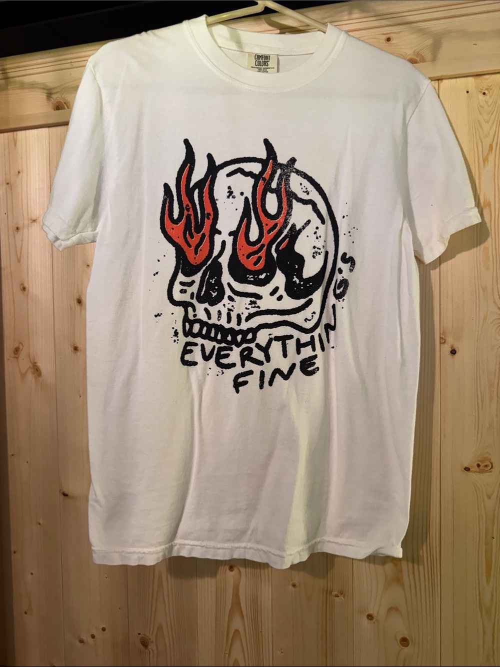 Comfort Colors White 'Everything's Fine' Skull Tee with Red Flame Graphic